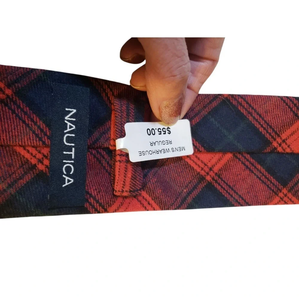 NWT‎ Nautica Mens Tie Necktie Designer Luxury 100% Cotton Red Black Plaid